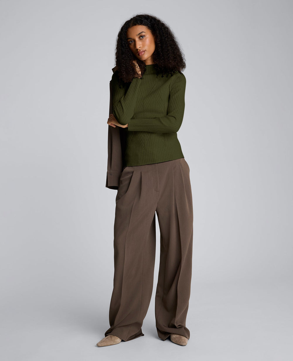 Mock Neck Long Sleeve Rib Chevron Sweater Olive Green