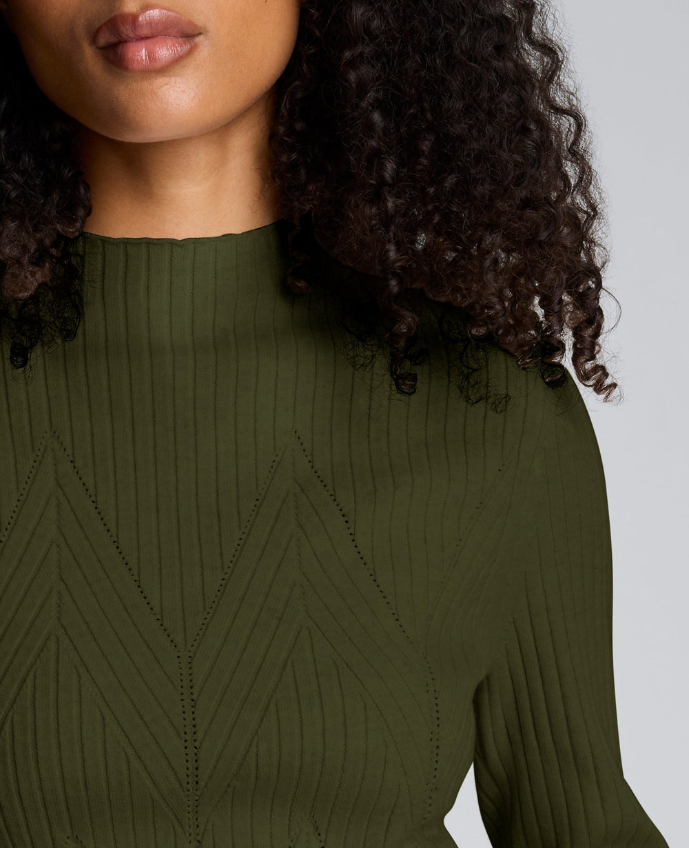 Mock Neck Long Sleeve Rib Chevron Sweater Olive Green