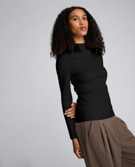 Mock Neck Long Sleeve Rib Chevron Sweater Black