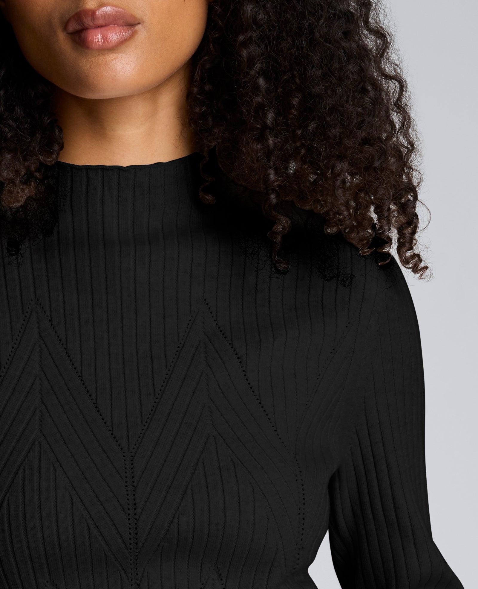 Mock Neck Long Sleeve Rib Chevron Sweater Black