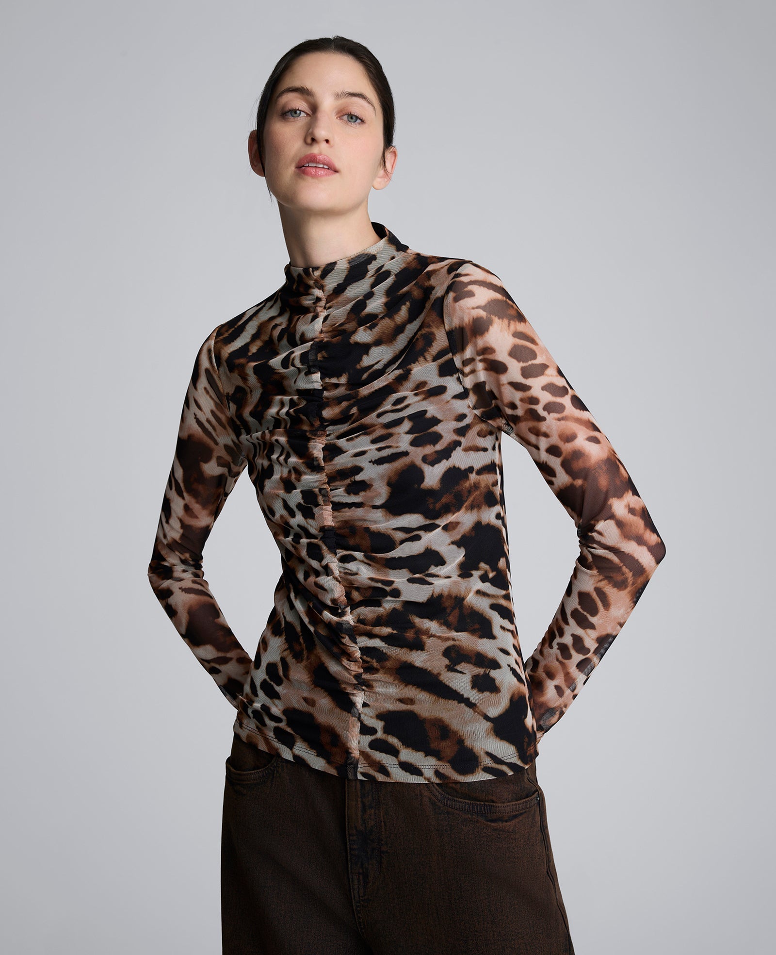 Long Sleeve Animal Printed Center Front Turtleneck Knit Ruched Top Black Multi