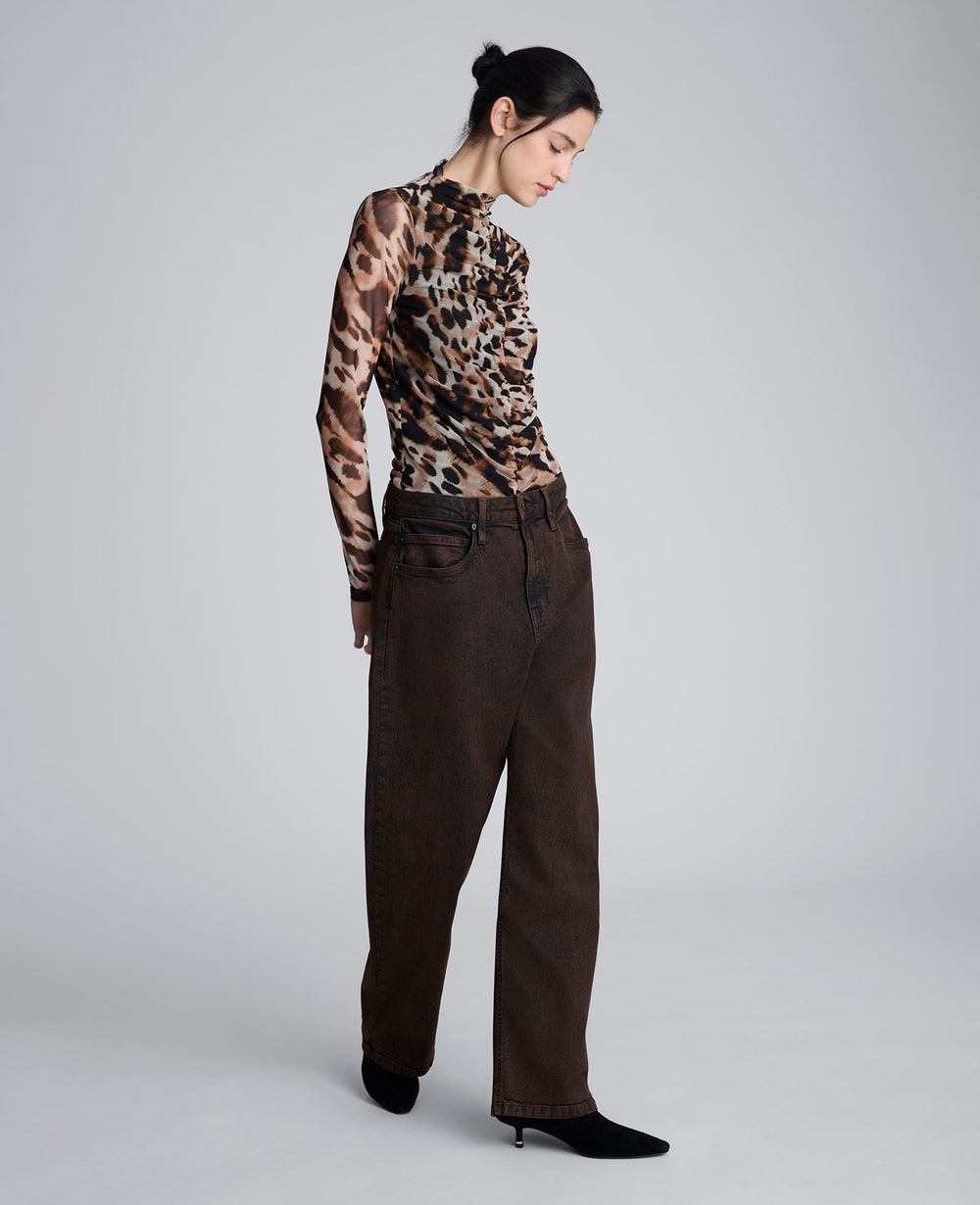 Long Sleeve Animal Printed Center Front Turtleneck Knit Ruched Top Black Multi