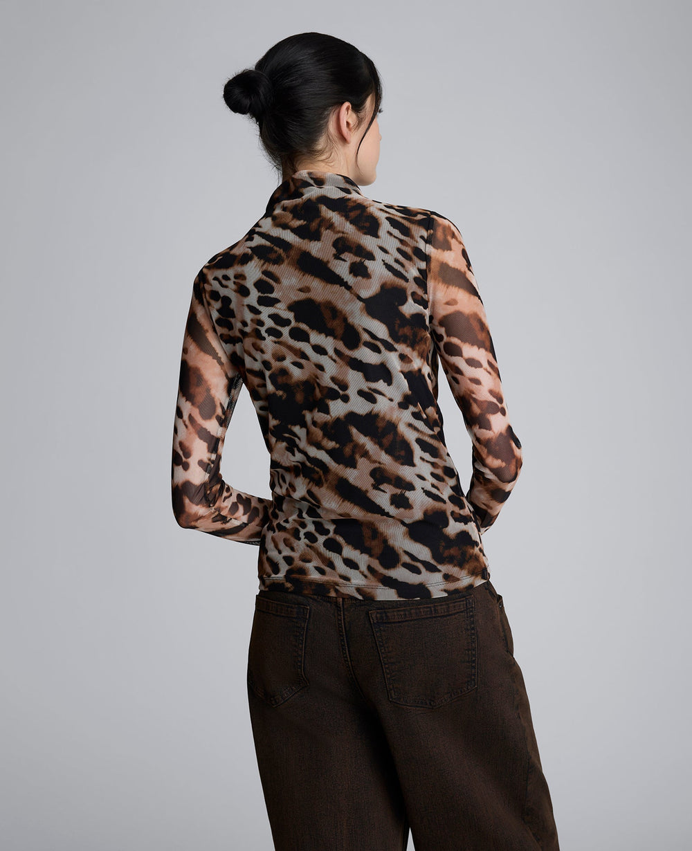 Long Sleeve Animal Printed Center Front Turtleneck Knit Ruched Top Black Multi