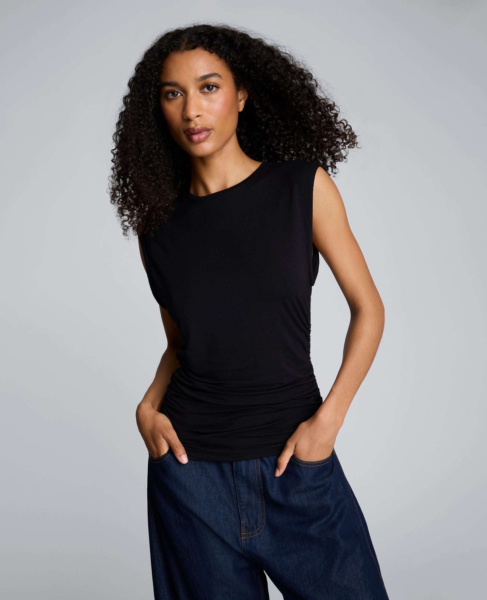 Sleeveless Side Ruched Knit Tee Sable Brown