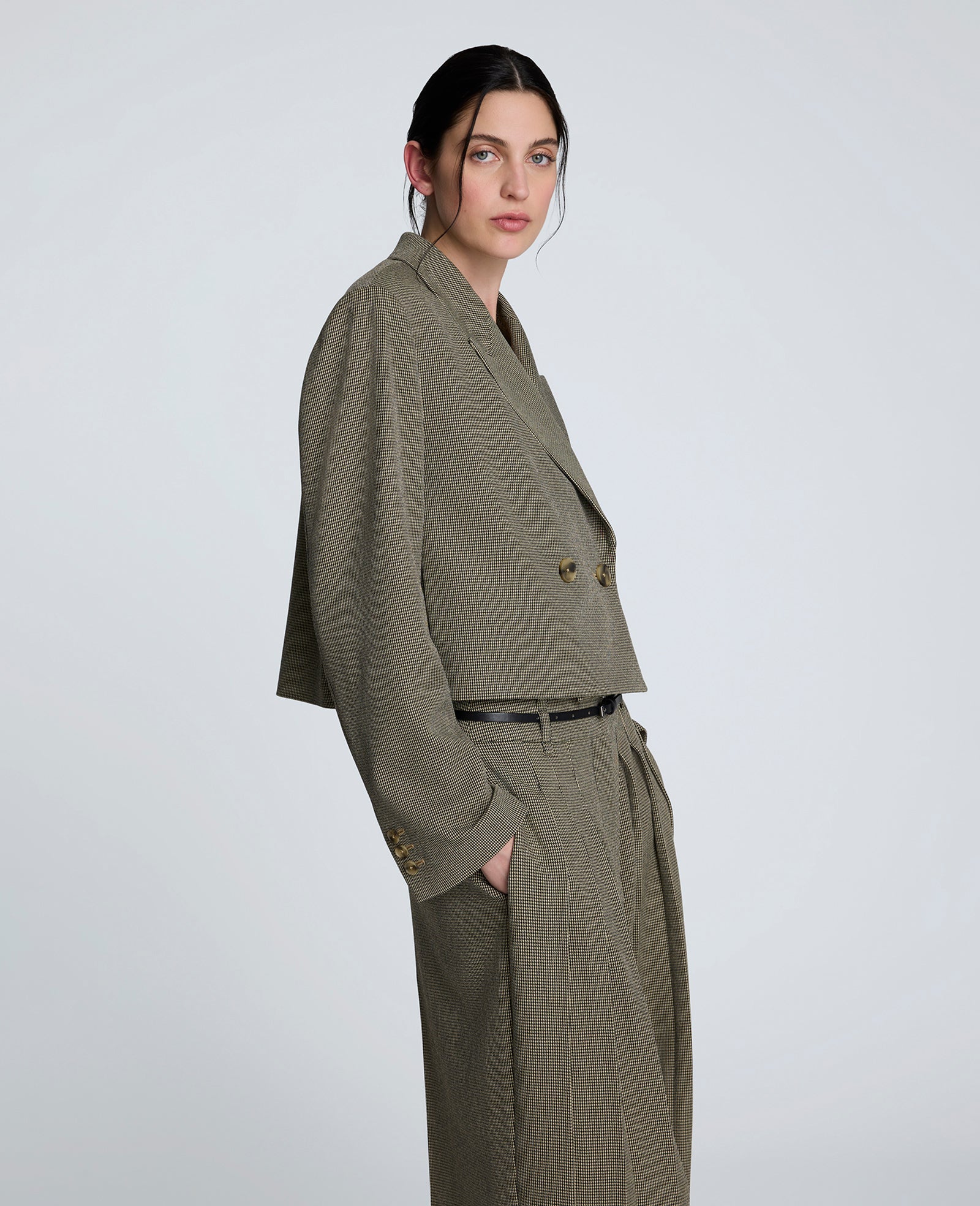 Houndstooth Cropped Double Breasted Jacket Black/Almond Milk