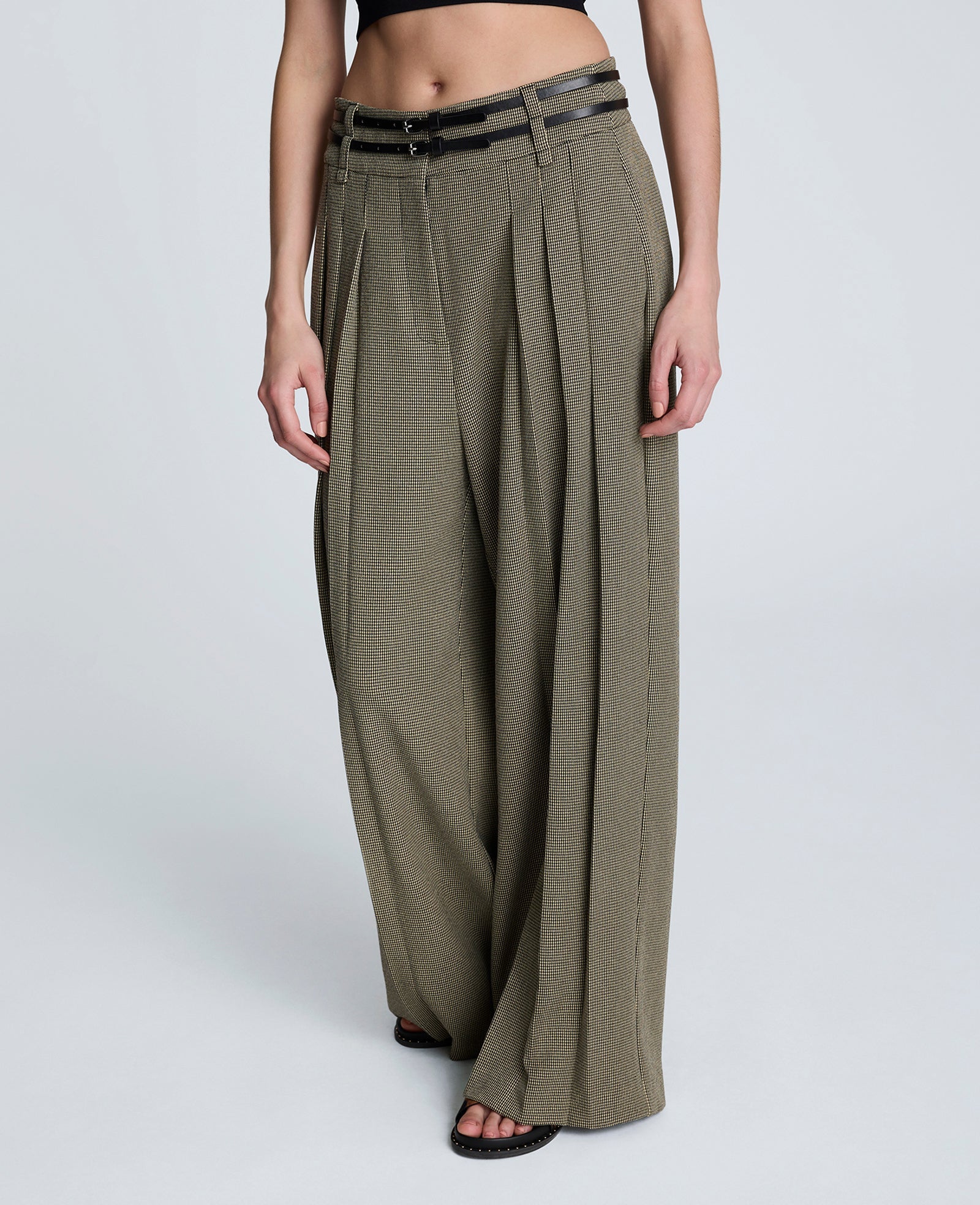Houndstooth Wide Leg Double Belted Pant Black/Almond Milk