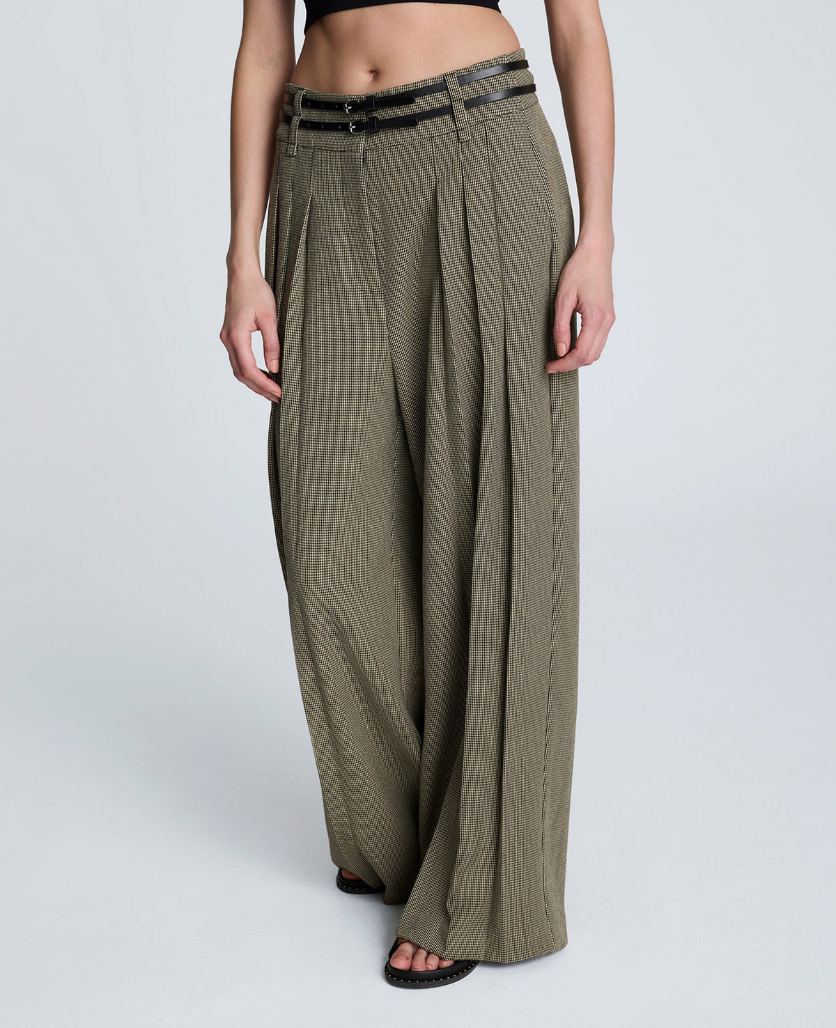 Houndstooth Wide Leg Double Belted Pant Black/Almond Milk