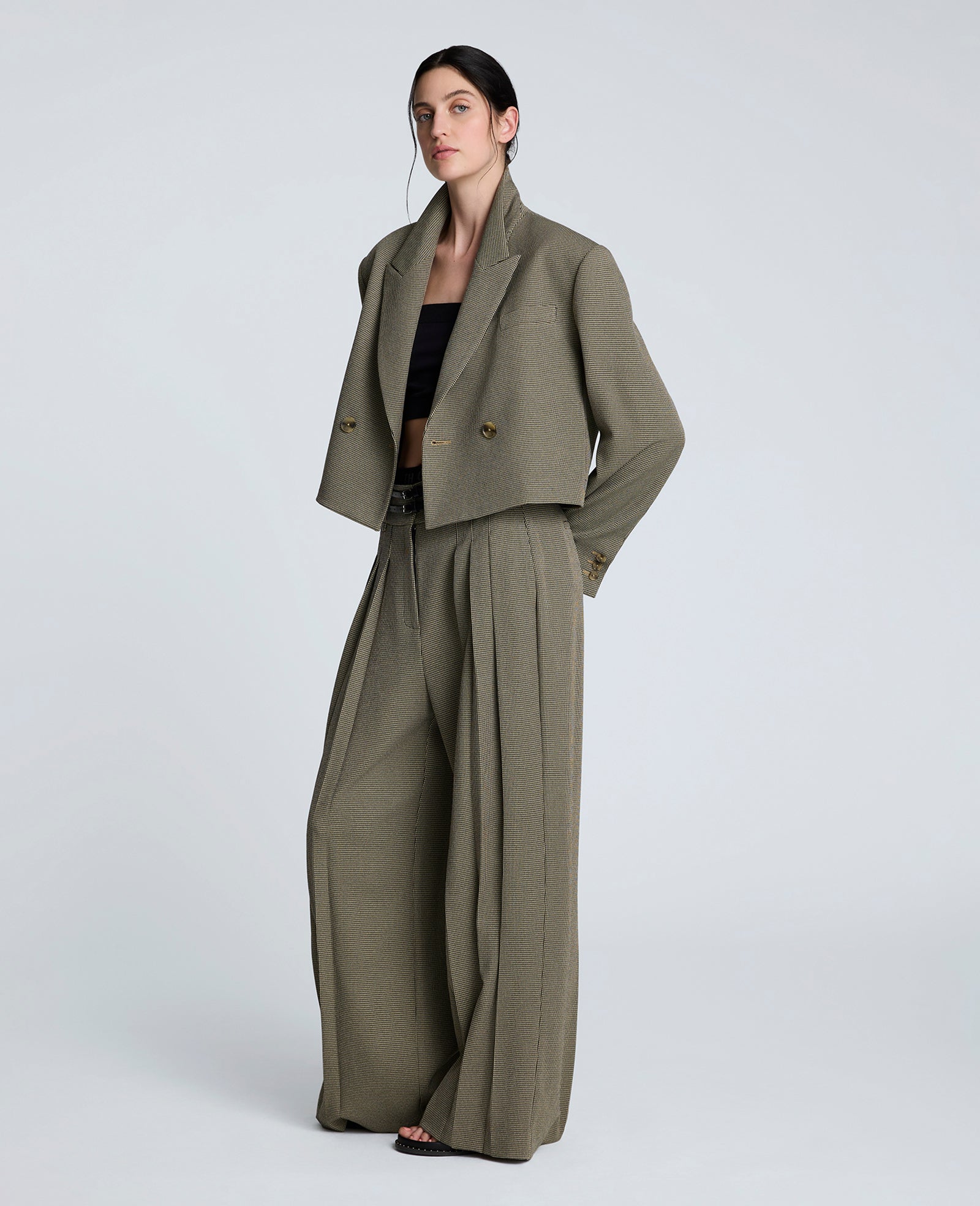 Houndstooth Wide Leg Double Belted Pant Black/Almond Milk
