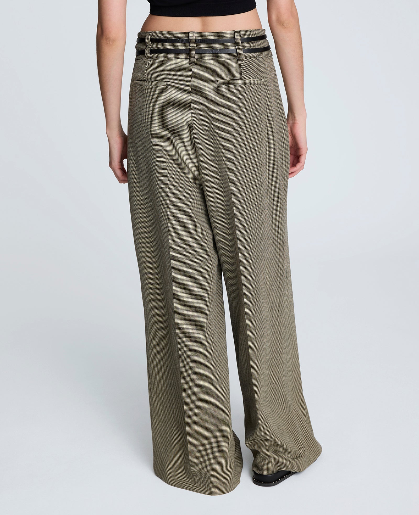 Houndstooth Wide Leg Double Belted Pant Black/Almond Milk