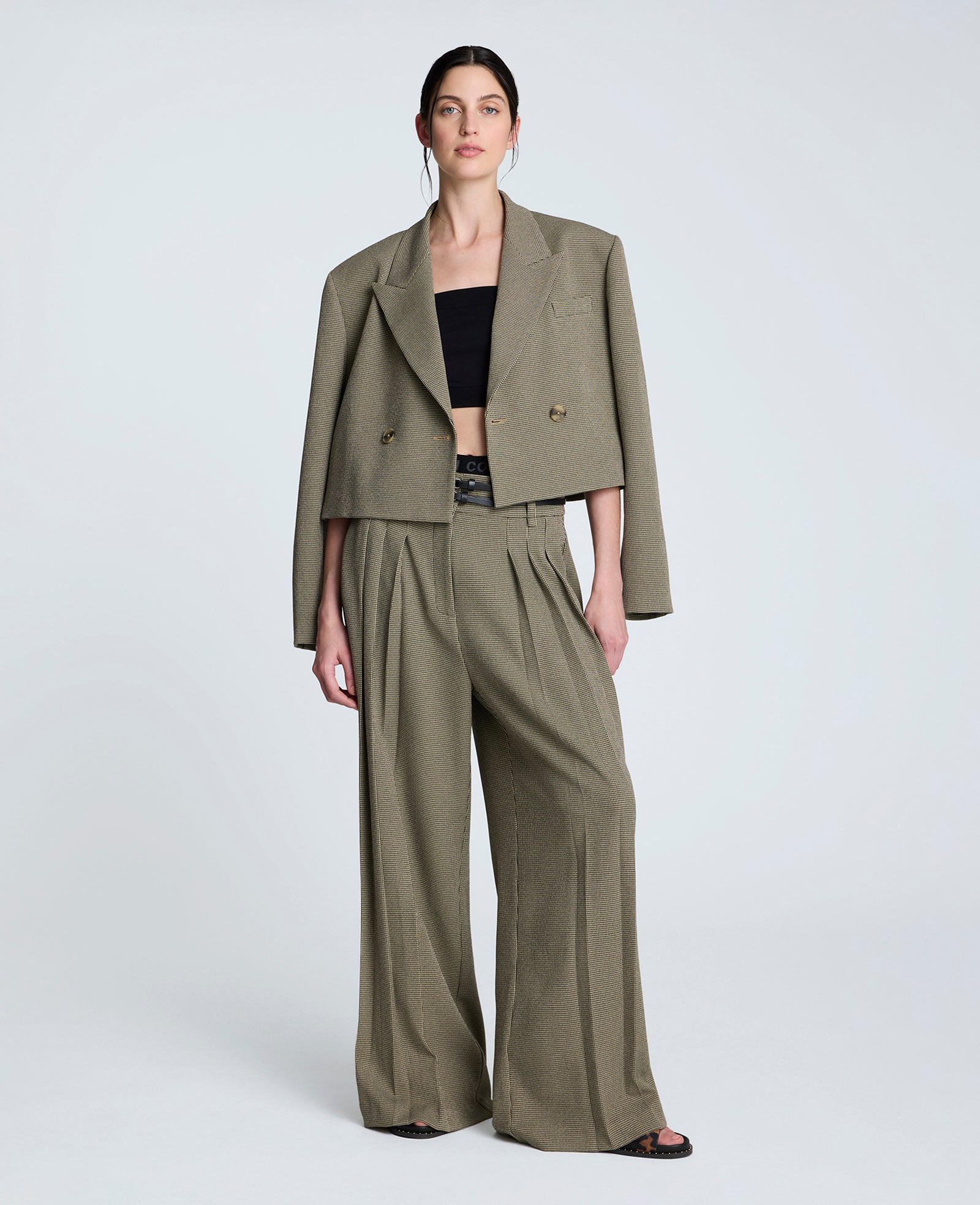 Houndstooth Wide Leg Double Belted Pant Black/Almond Milk