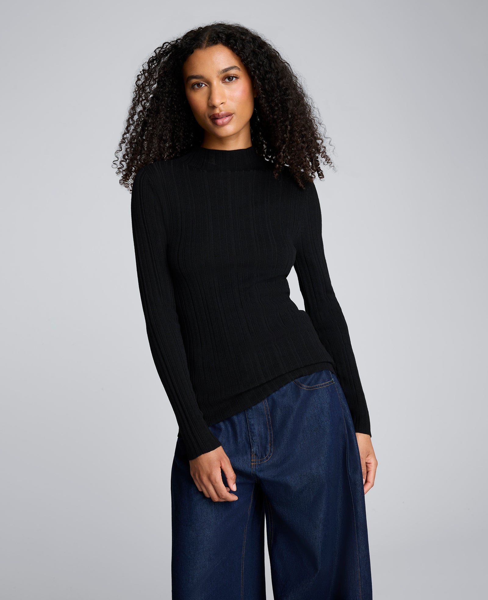 Long Sleeve Ribbed Mock Neck Sweater Black