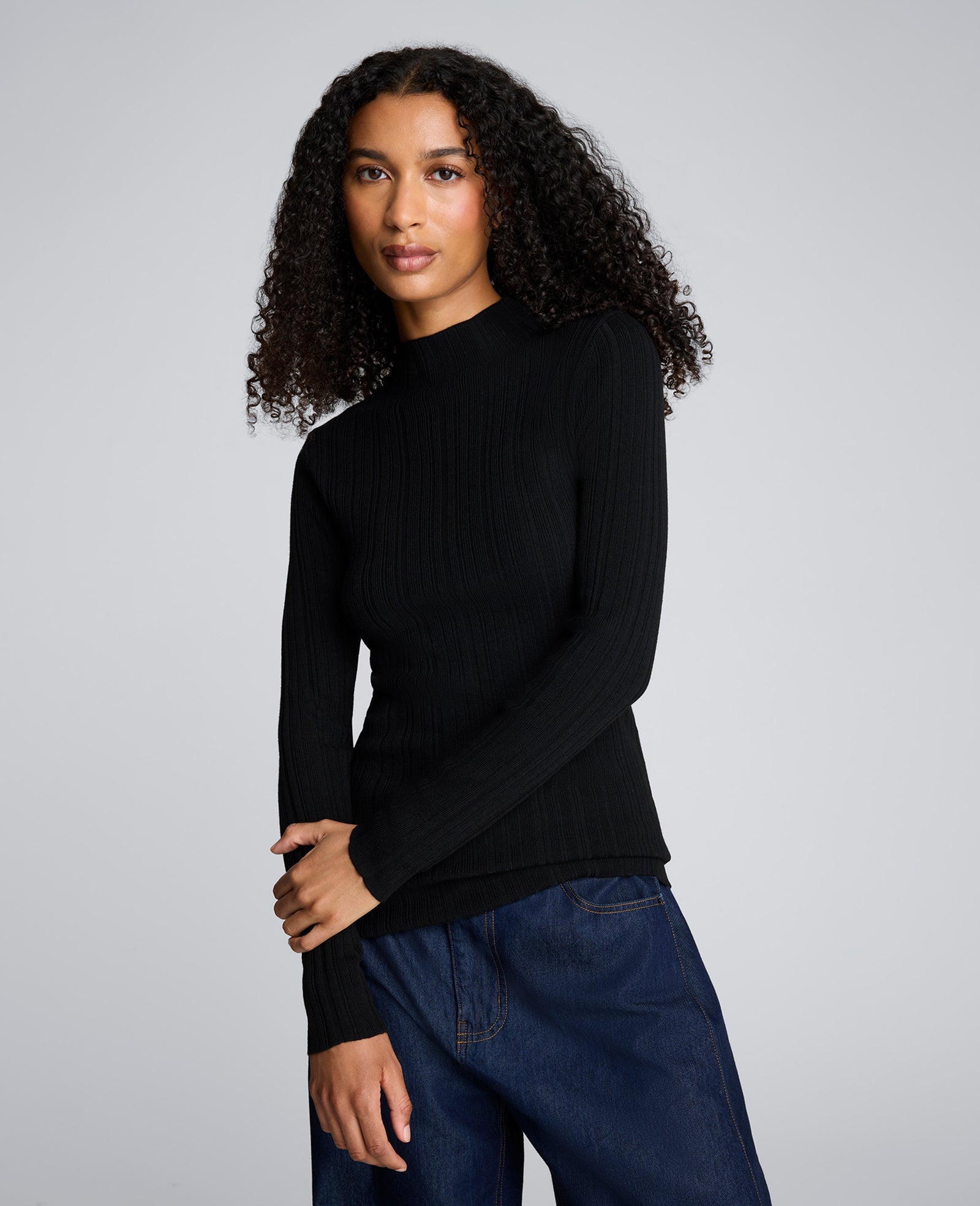 Long Sleeve Ribbed Mock Neck Sweater Black