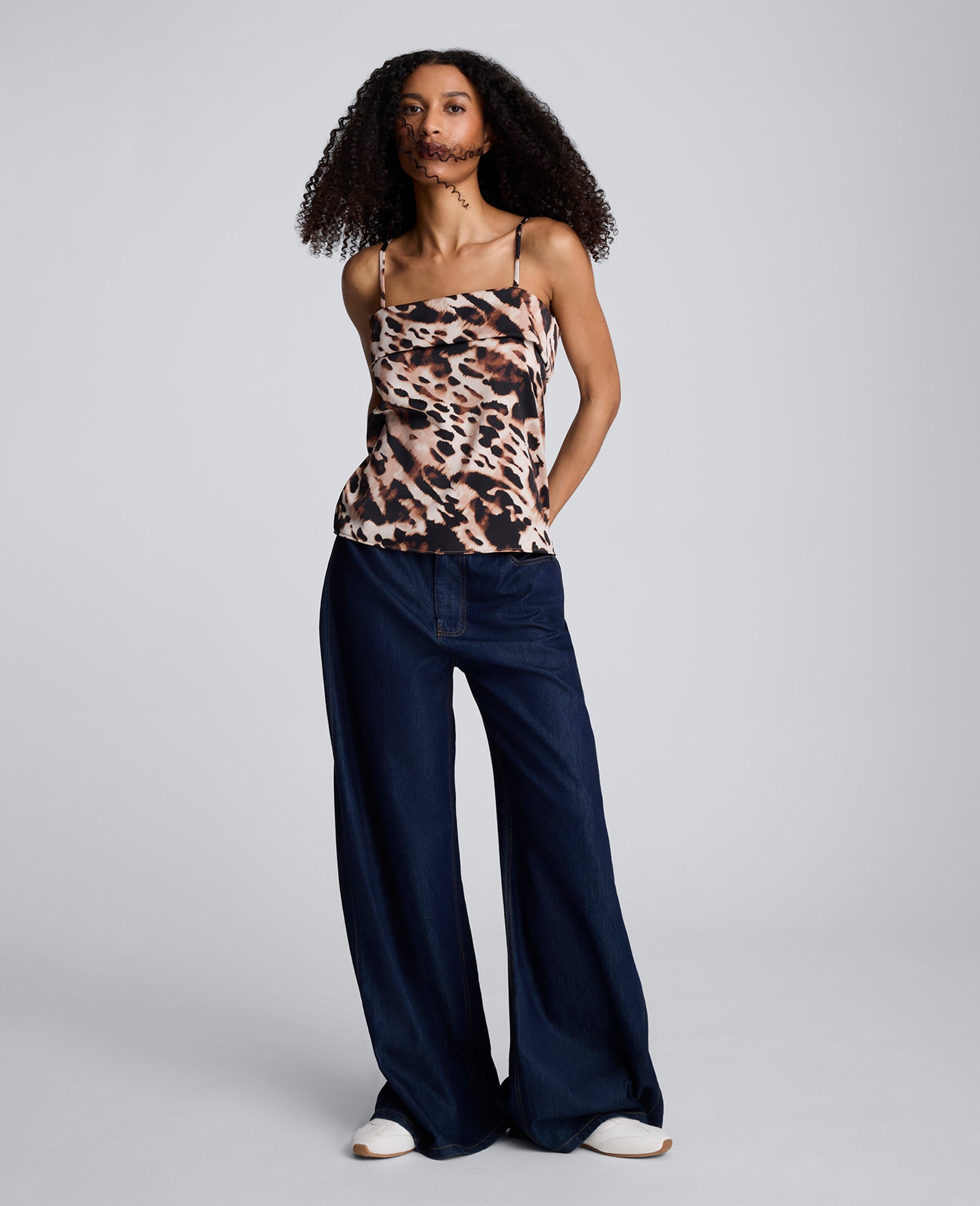Animal Print Satin Foldover Spaghetti Strap Cami Black Multi