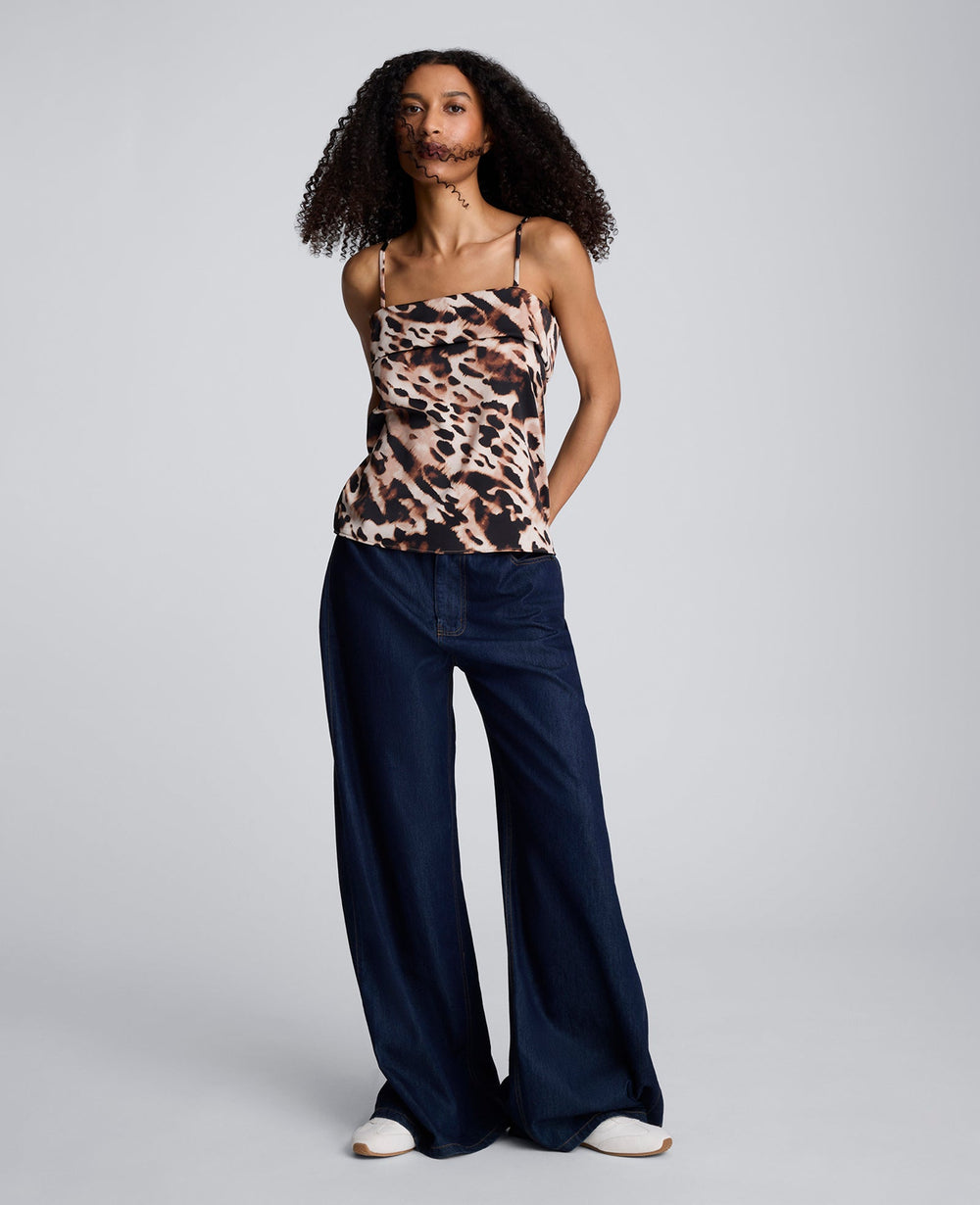 Animal Print Satin Foldover Spaghetti Strap Cami Black Multi