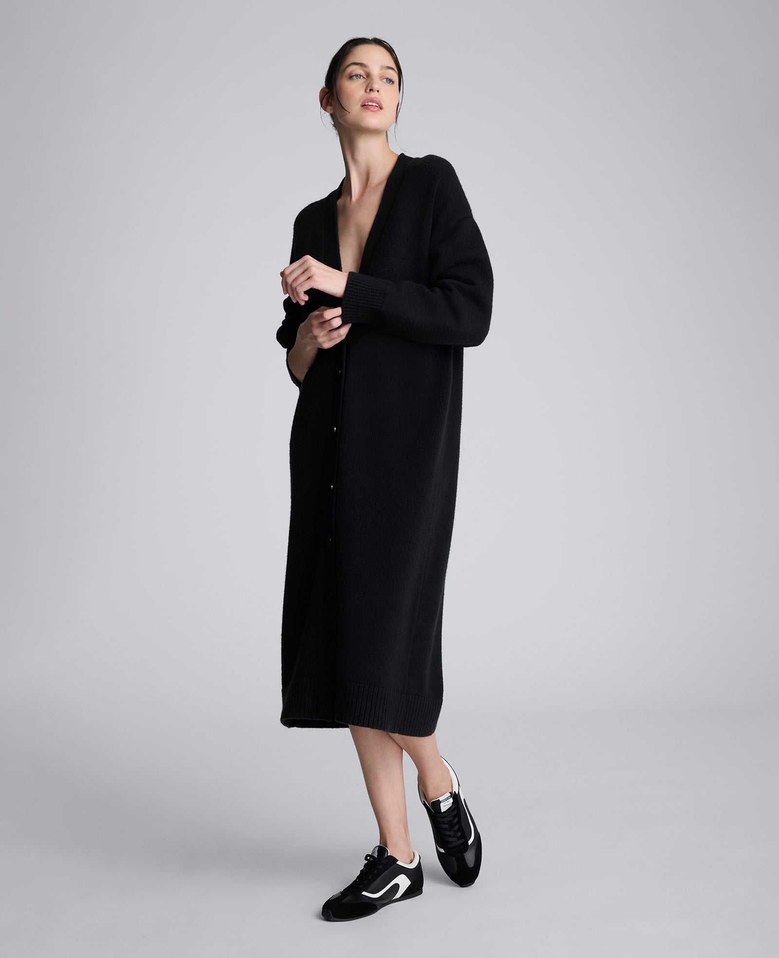 Long Button Front Cardigan Duster Black