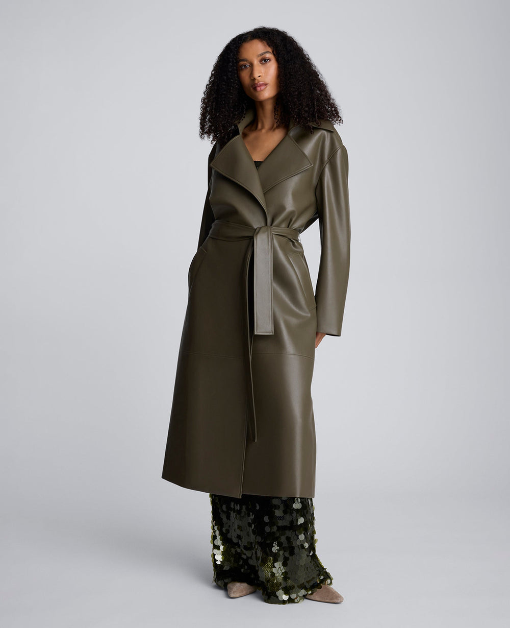 Seamed Vegan Leather Trench Jacket Olive Green