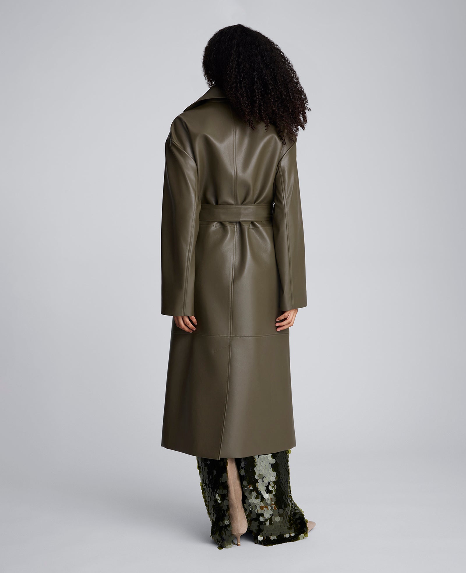 Seamed Vegan Leather Trench Jacket Olive Green