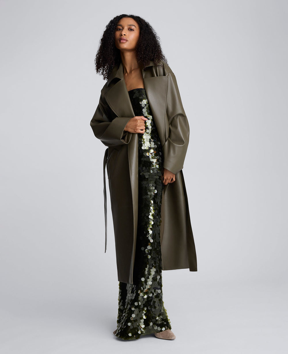 Seamed Vegan Leather Trench Jacket Olive Green
