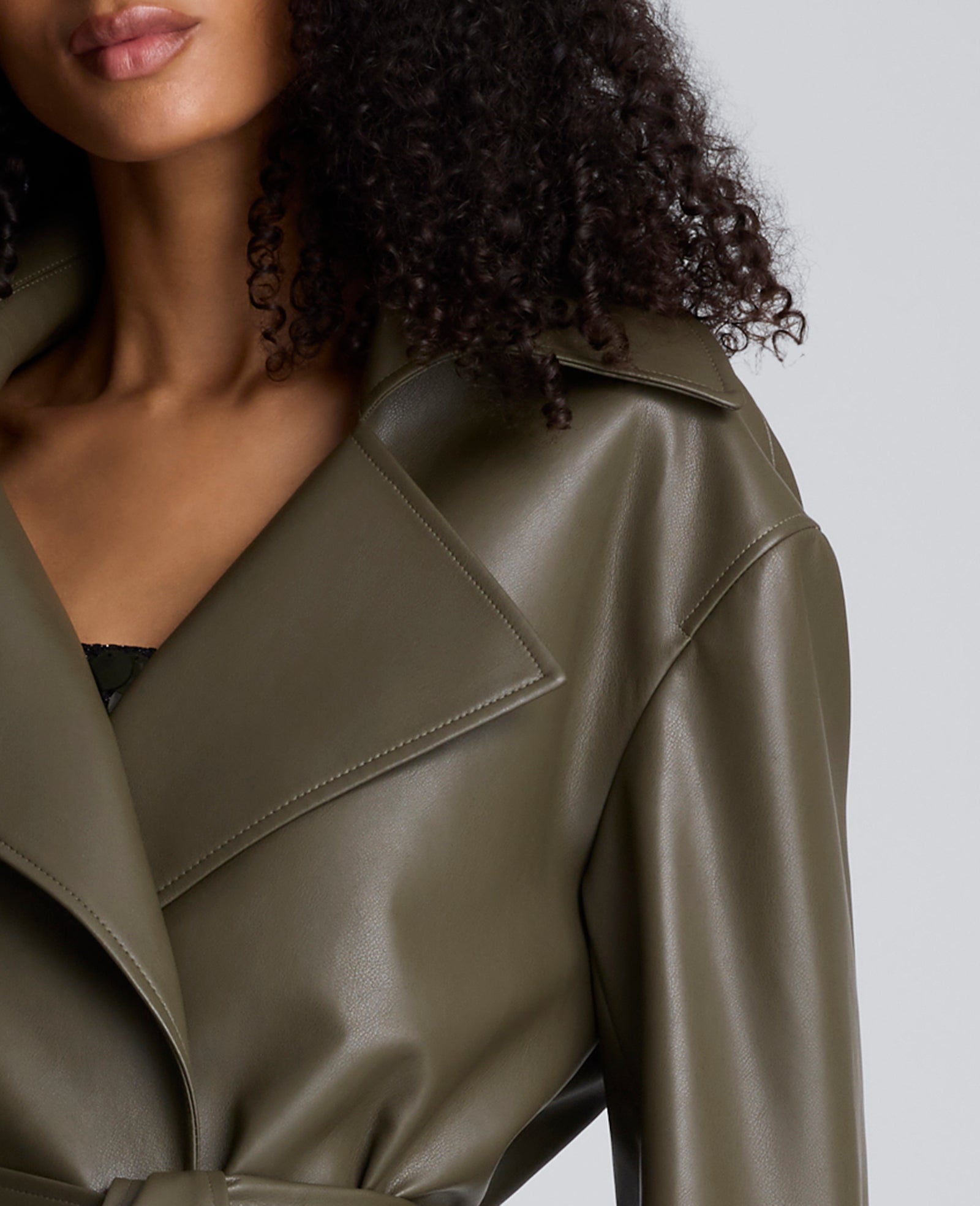 Seamed Vegan Leather Trench Jacket Olive Green