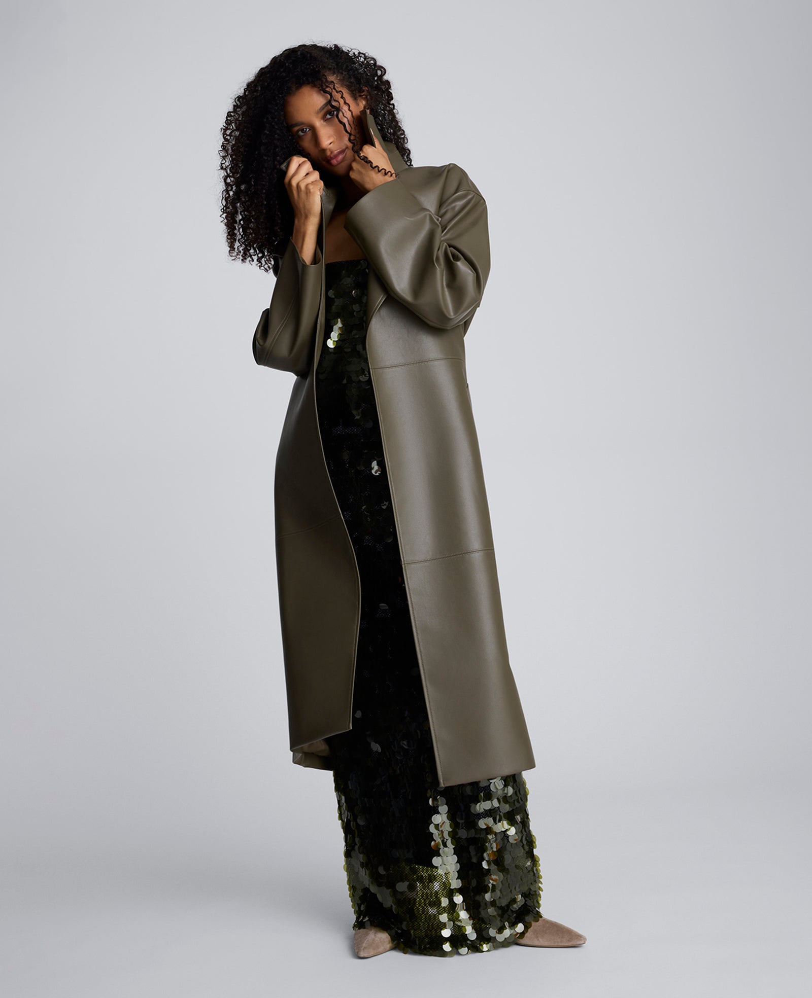 Seamed Vegan Leather Trench Jacket Olive Green