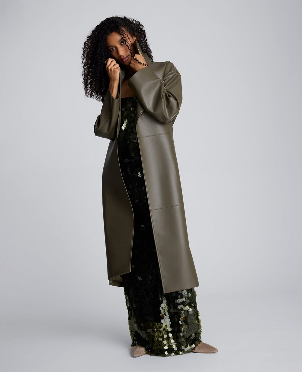 Seamed Vegan Leather Trench Jacket Olive Green