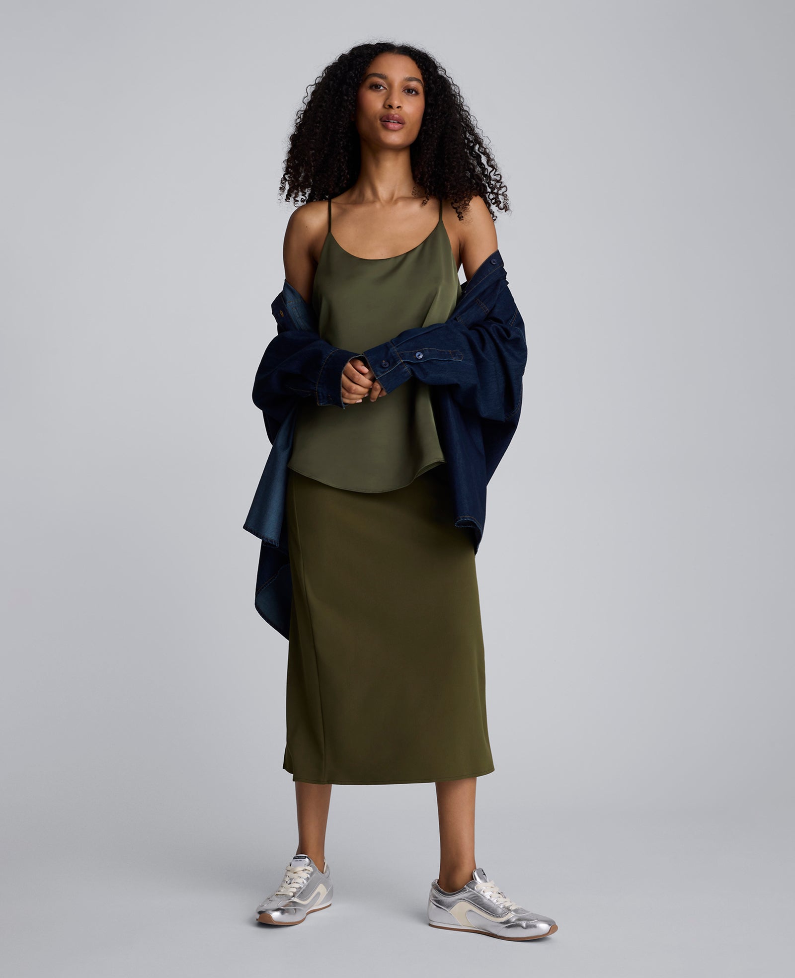 Scoop Neck Satin Cami Olive Green