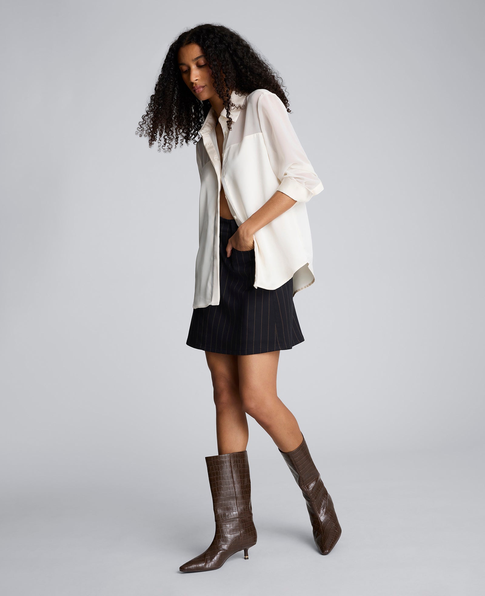 Long Sleeve Button Front Sheer Detail Woven Shirt Oyster