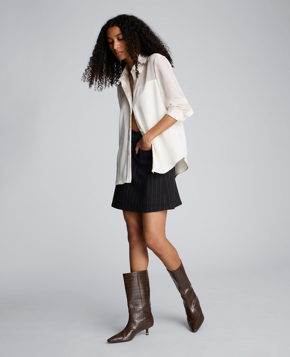 Long Sleeve Button Front Sheer Detail Woven Shirt Oyster
