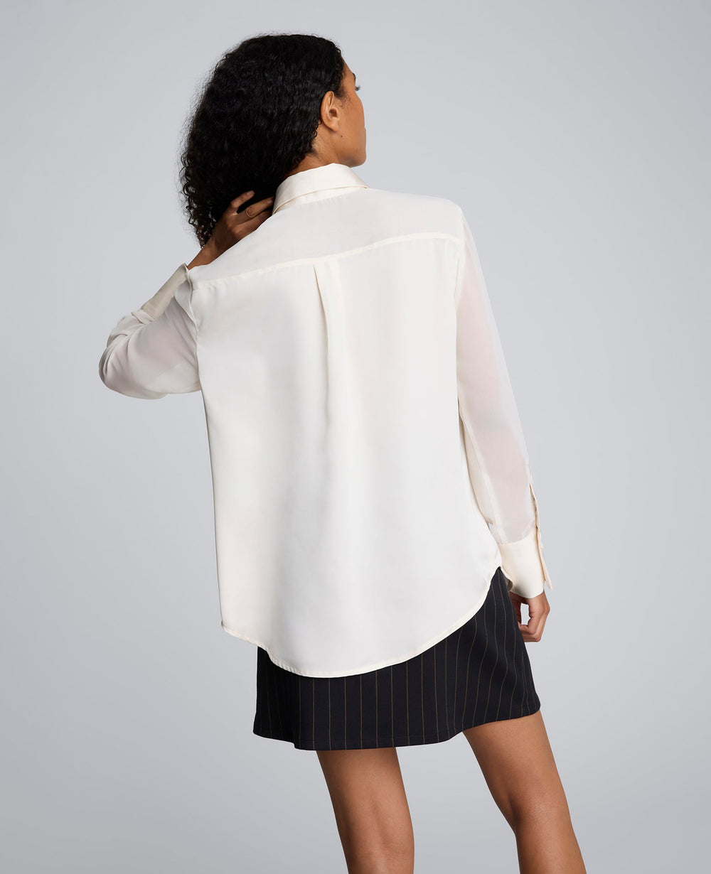 Long Sleeve Button Front Sheer Detail Woven Shirt Oyster