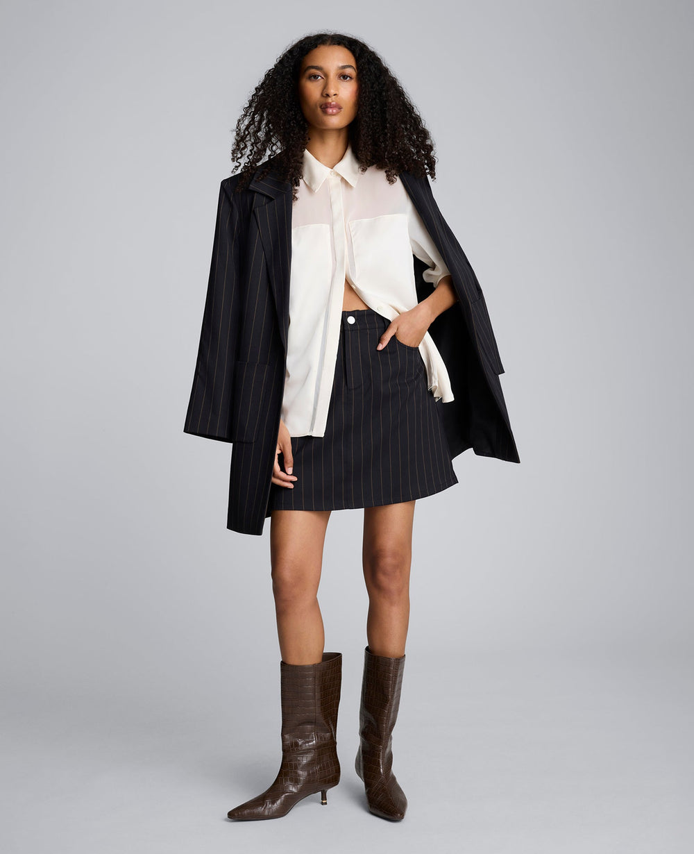 Long Sleeve Button Front Sheer Detail Woven Shirt Oyster