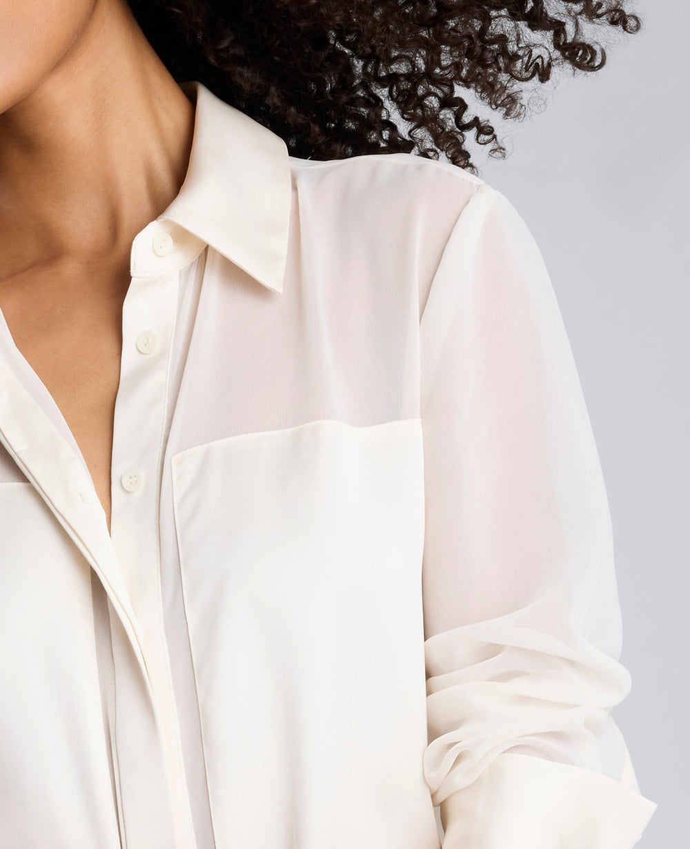 Long Sleeve Button Front Sheer Detail Woven Shirt Oyster
