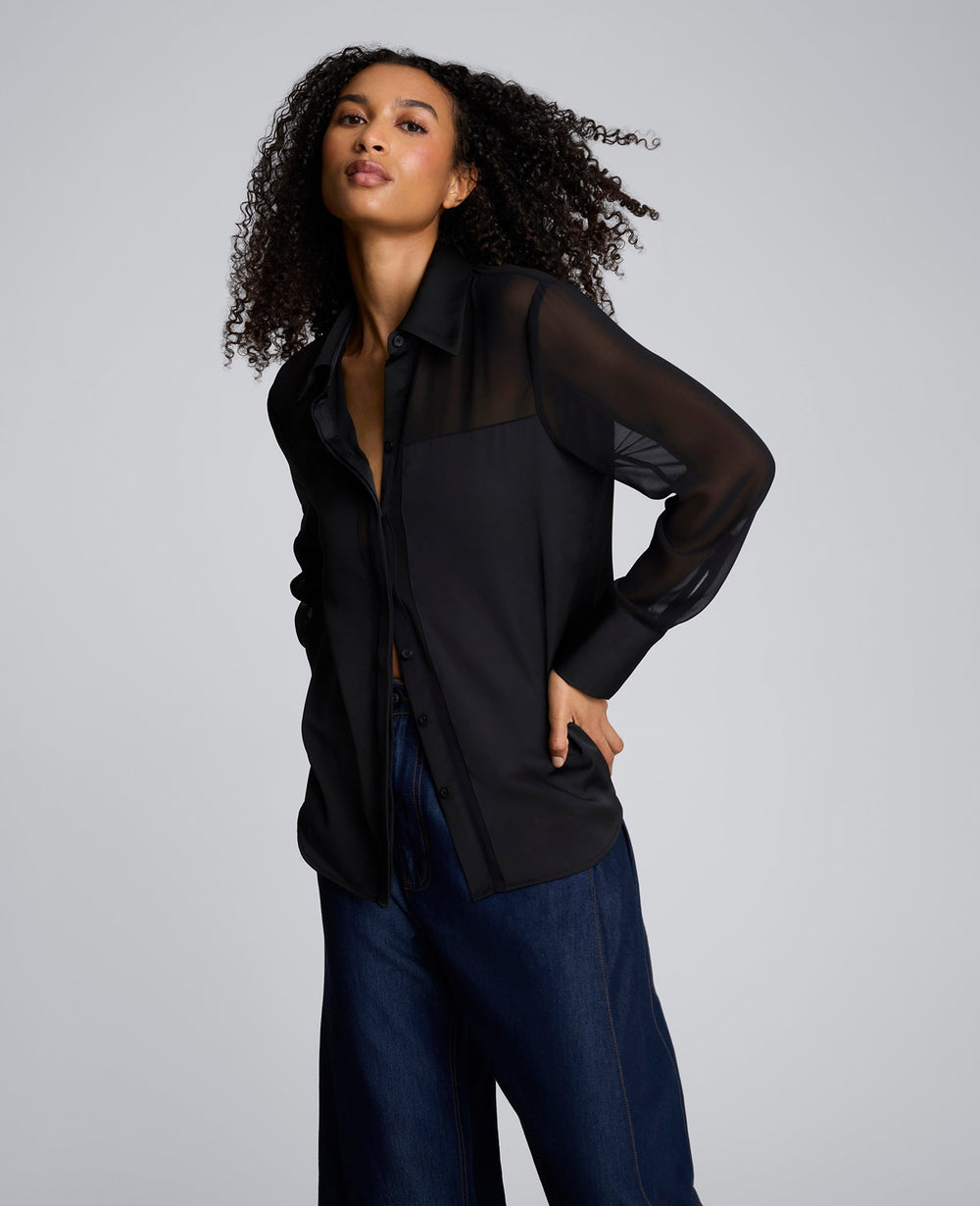 Long Sleeve Button Front Sheer Detail Woven Shirt Black