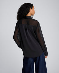 Long Sleeve Button Front Sheer Detail Woven Shirt Black