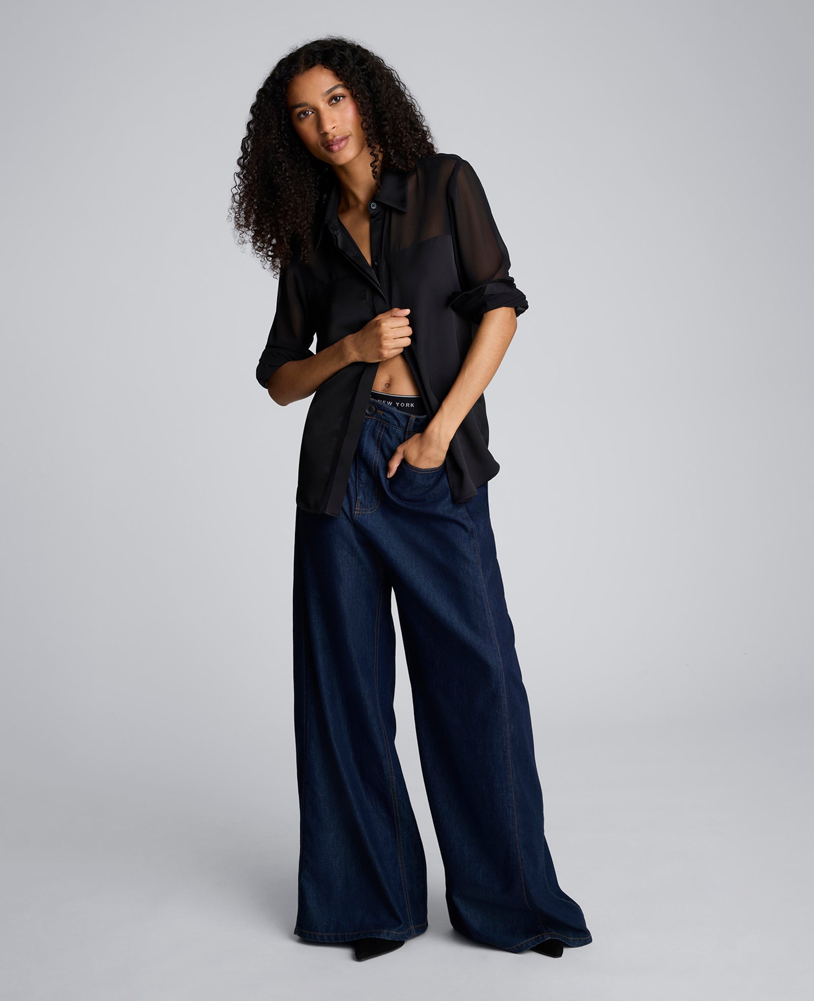 Long Sleeve Button Front Sheer Detail Woven Shirt Black