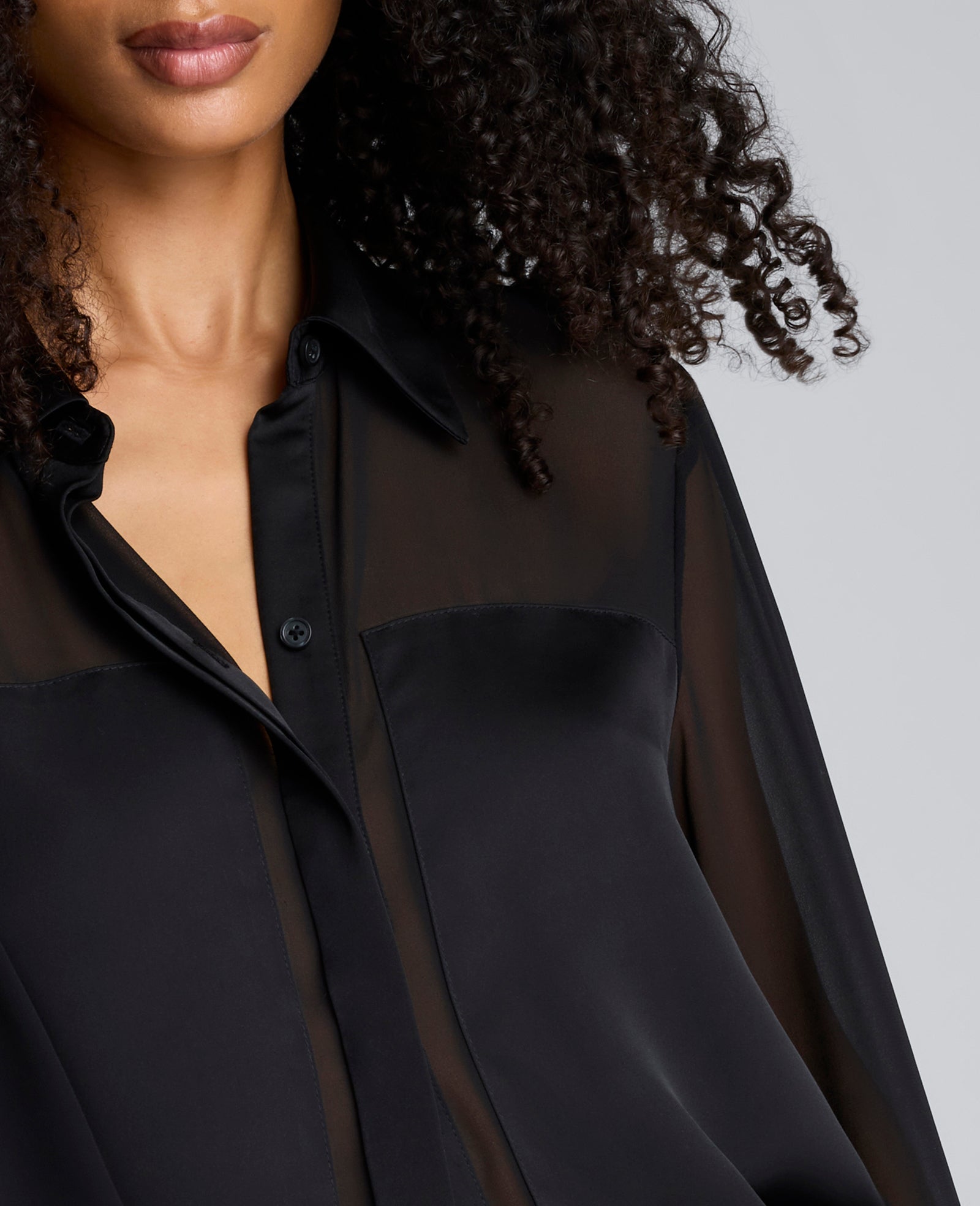 Long Sleeve Button Front Sheer Detail Woven Shirt Black