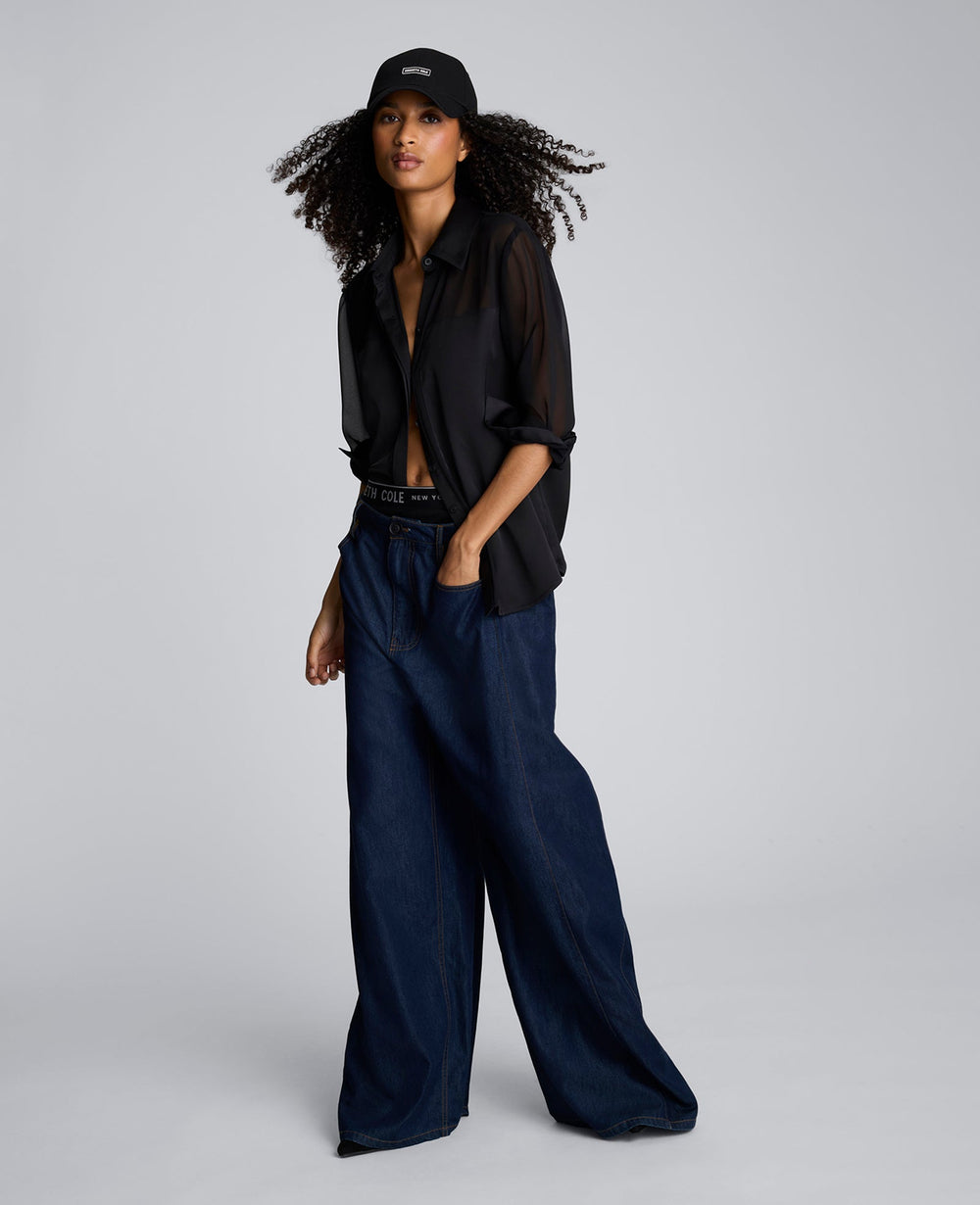 Long Sleeve Button Front Sheer Detail Woven Shirt Black