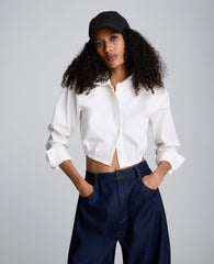 Strong Shoulder Cropped Poplin Button Front Shirt Pure White