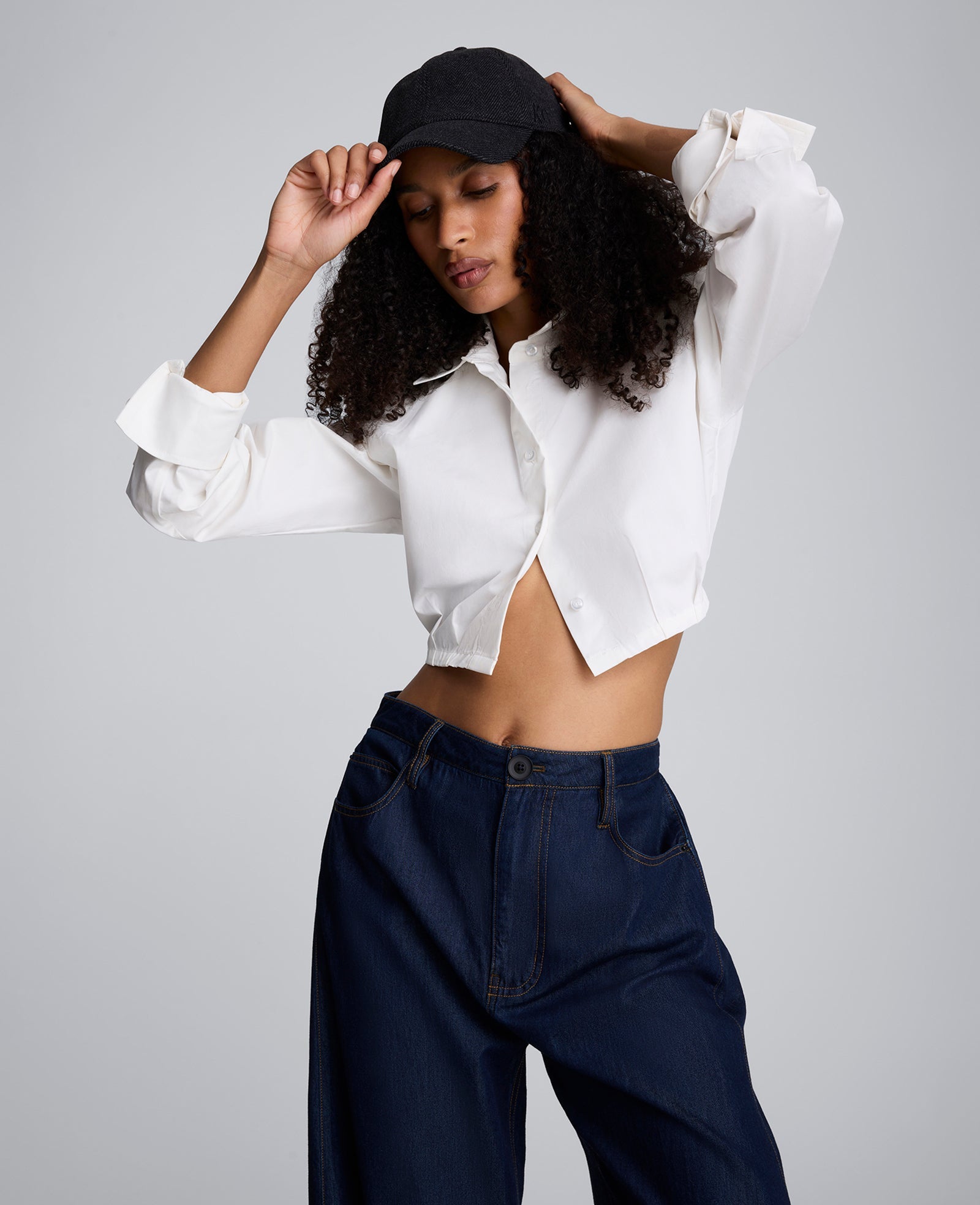 Strong Shoulder Cropped Poplin Button Front Shirt Pure White