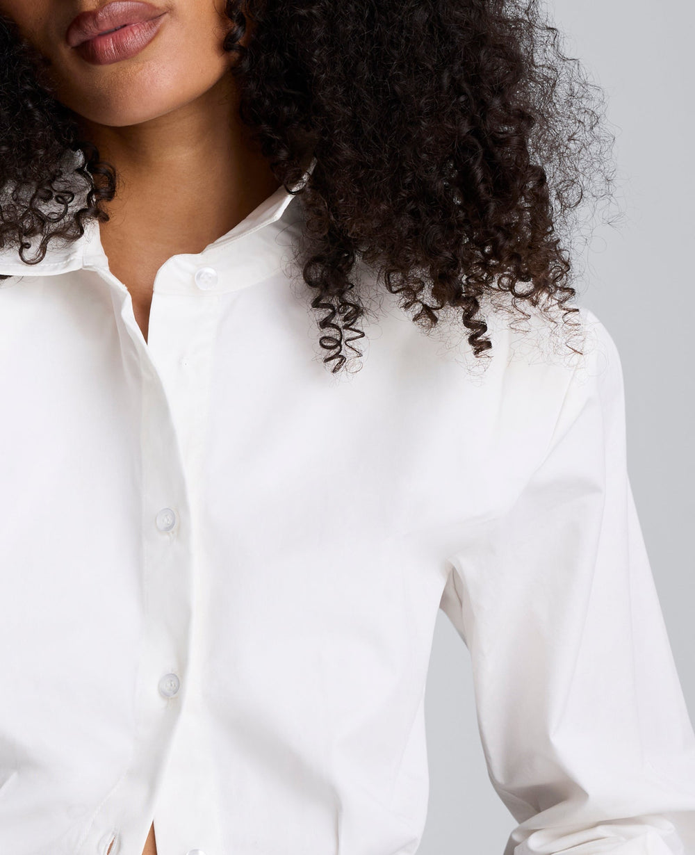 Strong Shoulder Cropped Poplin Button Front Shirt Pure White