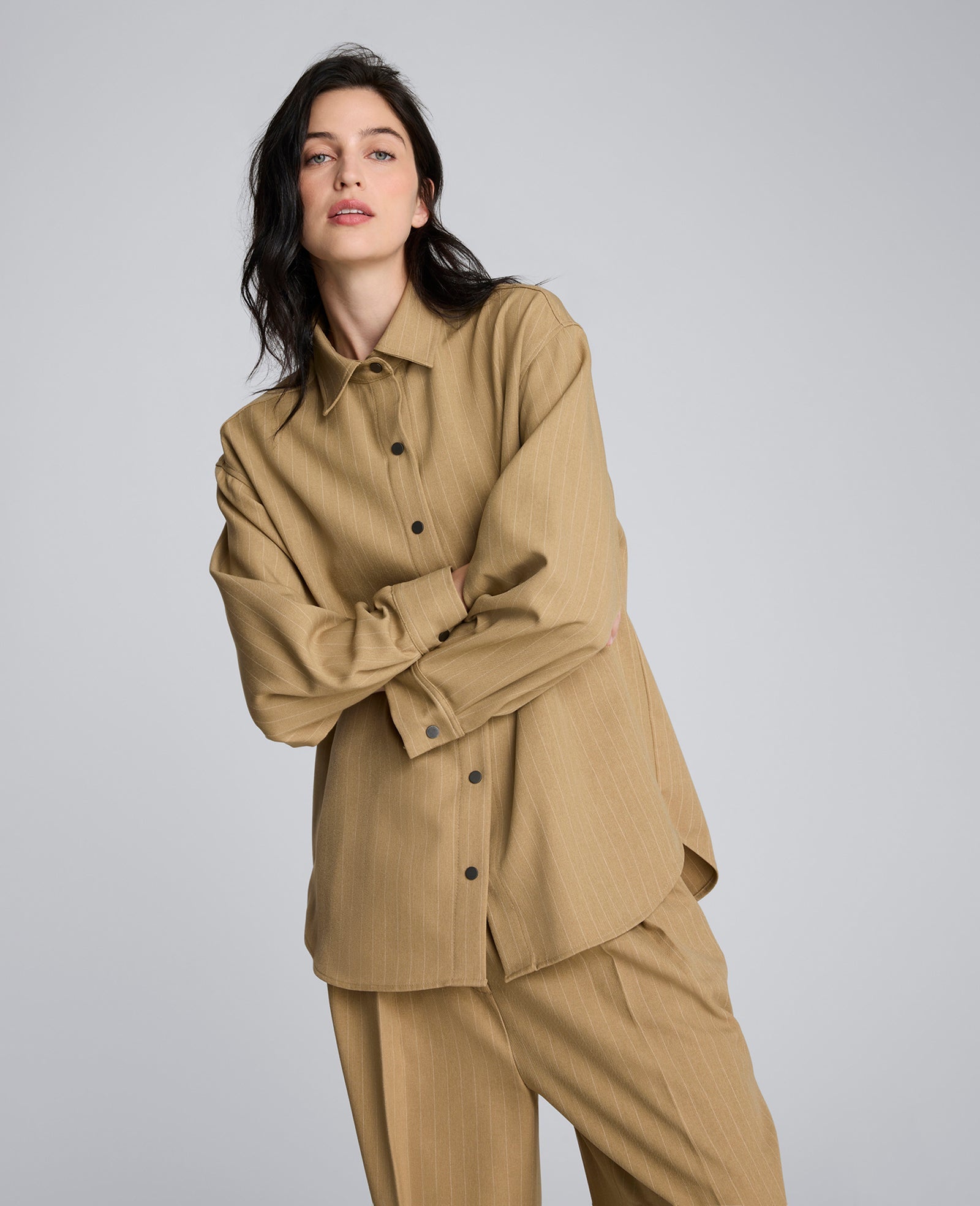 Pinstripe Drop Shoulder Snap Front Boyfriend Shirt Amber Melange/White