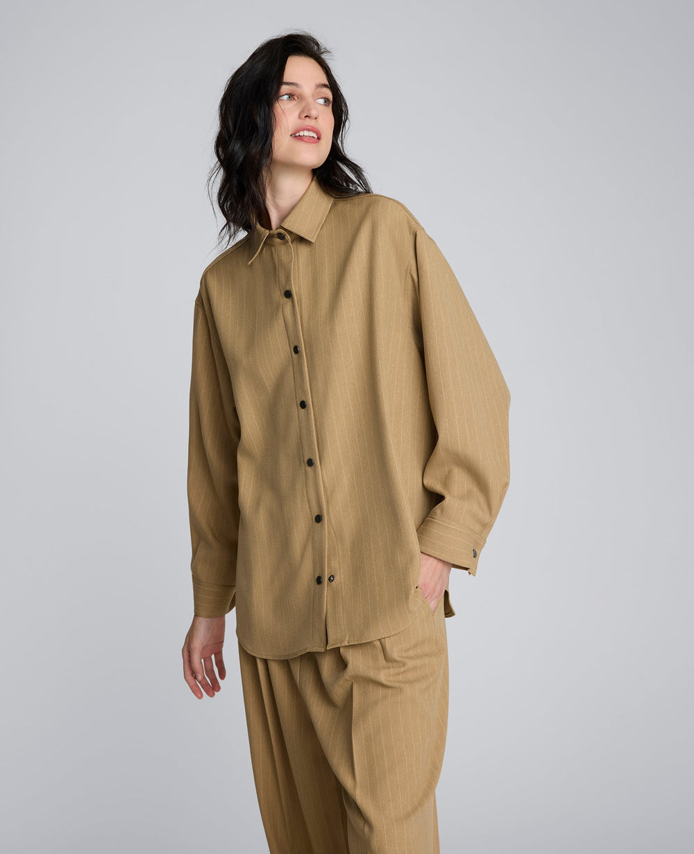 Pinstripe Drop Shoulder Snap Front Boyfriend Shirt Amber Melange/White