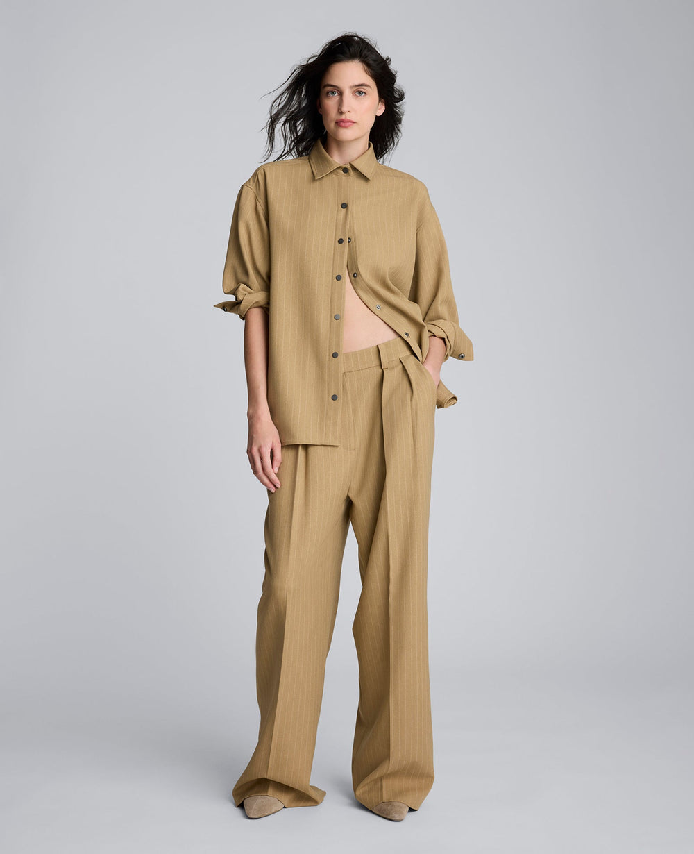 Pinstripe Drop Shoulder Snap Front Boyfriend Shirt Amber Melange/White
