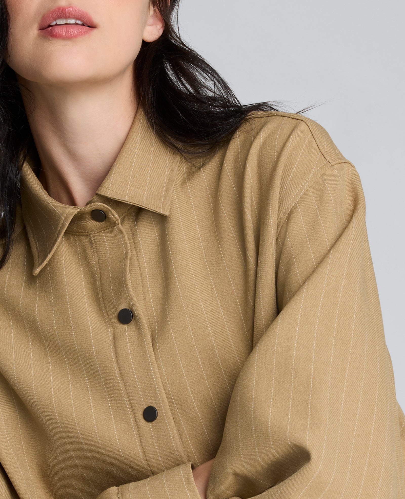Pinstripe Drop Shoulder Snap Front Boyfriend Shirt Amber Melange/White