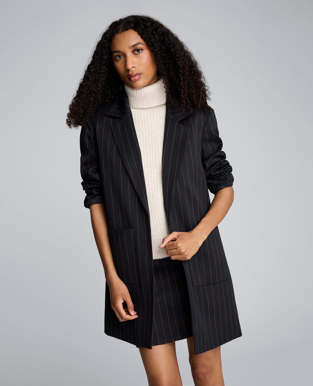 Pinstripe Patch Pocket Open Front Jacket Black/Olive Green
