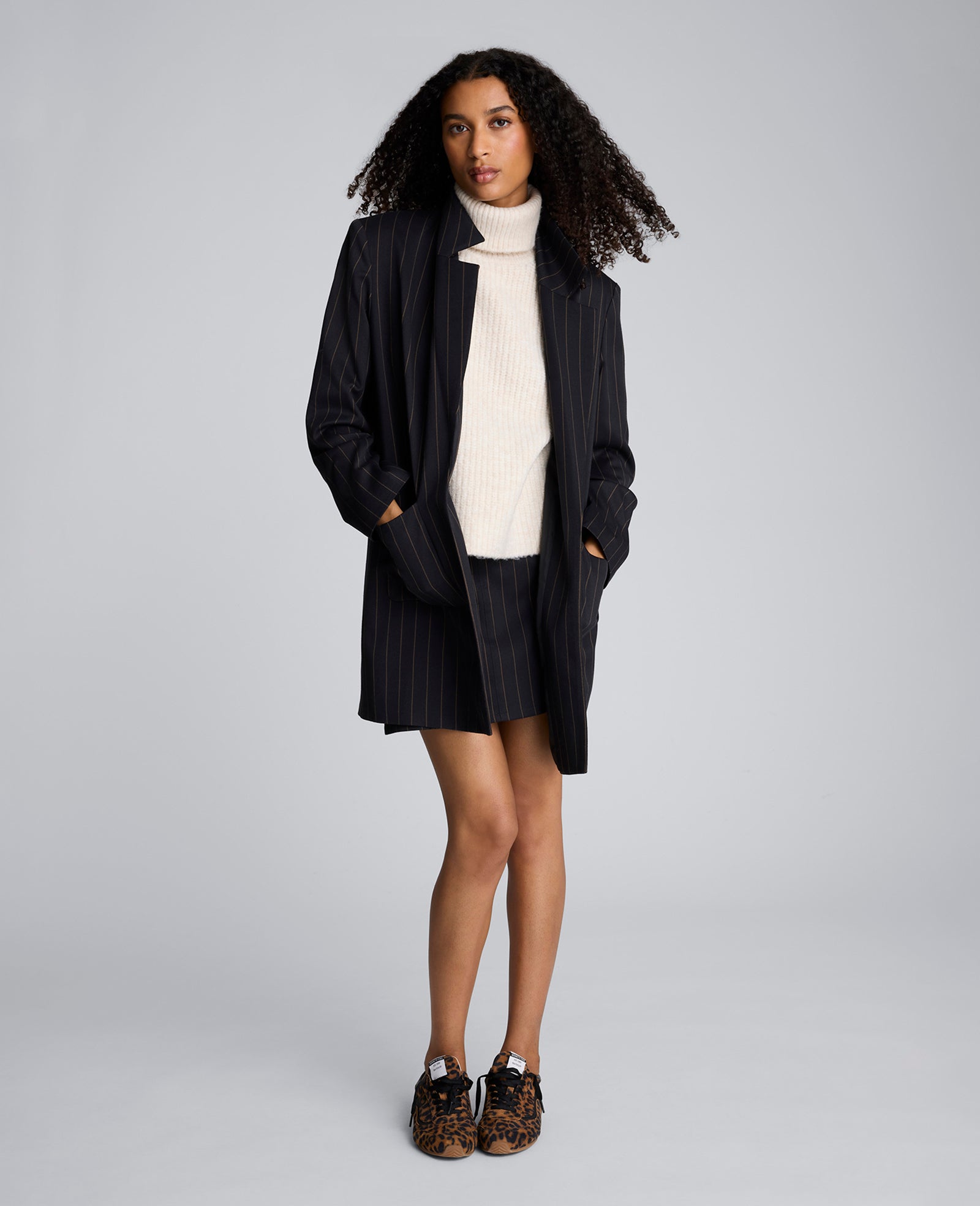 Pinstripe Patch Pocket Open Front Jacket Black/Olive Green