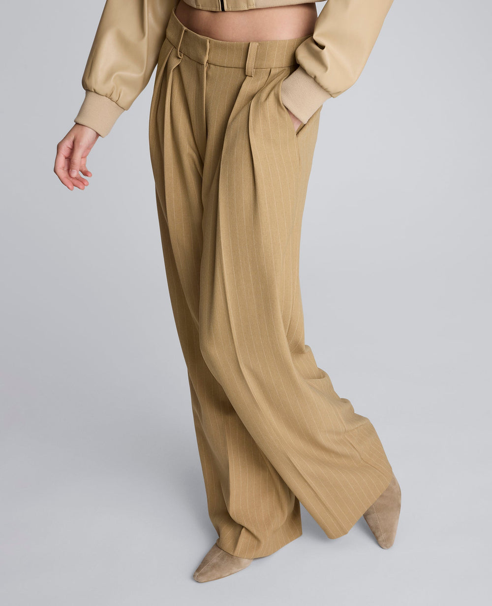 Pinstripe High Rise Fly Front Double Pleat Wide Leg Pant Amber Melange/White
