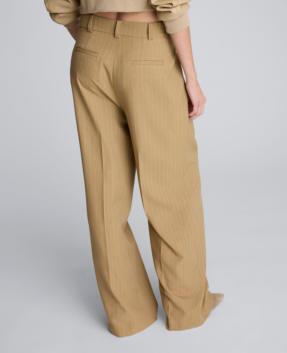 Pinstripe High Rise Fly Front Double Pleat Wide Leg Pant Amber Melange/White