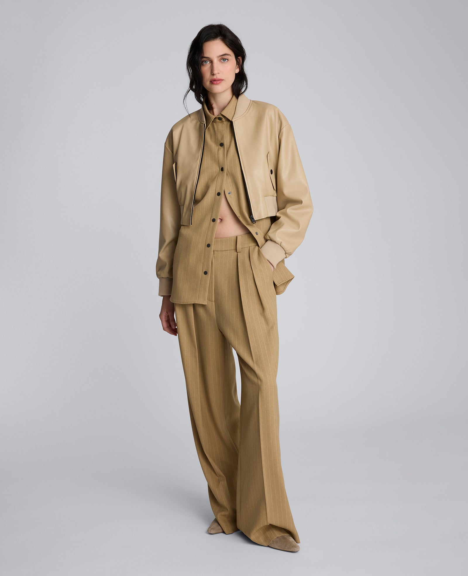 Pinstripe High Rise Fly Front Double Pleat Wide Leg Pant Amber Melange/White