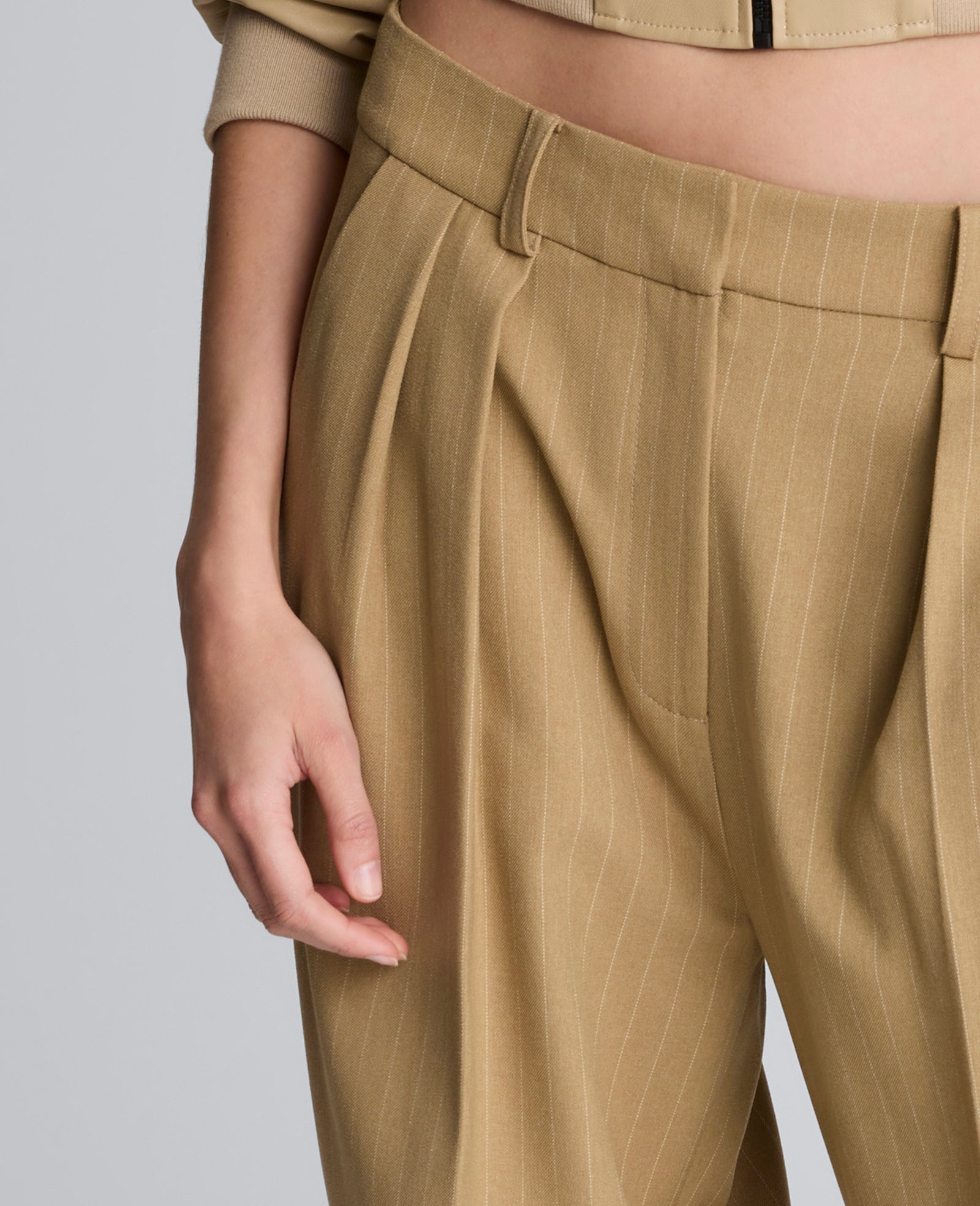 Pinstripe High Rise Fly Front Double Pleat Wide Leg Pant Amber Melange/White