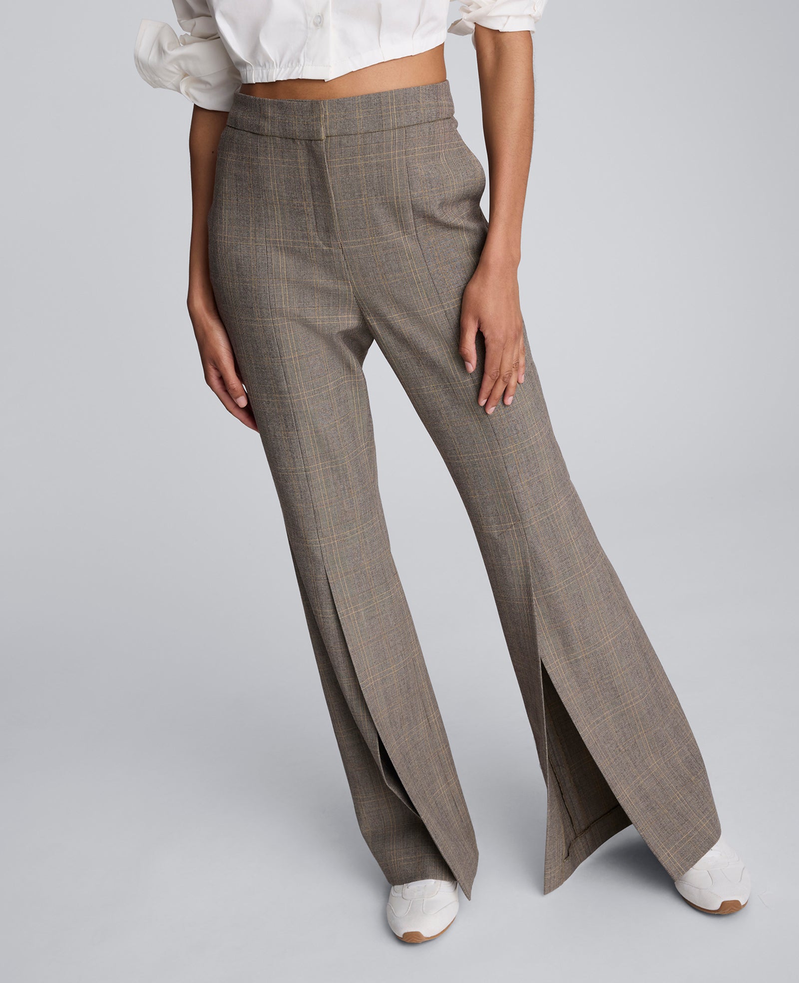 Plaid High Rise Split Front Flare Leg Pant Black Multi